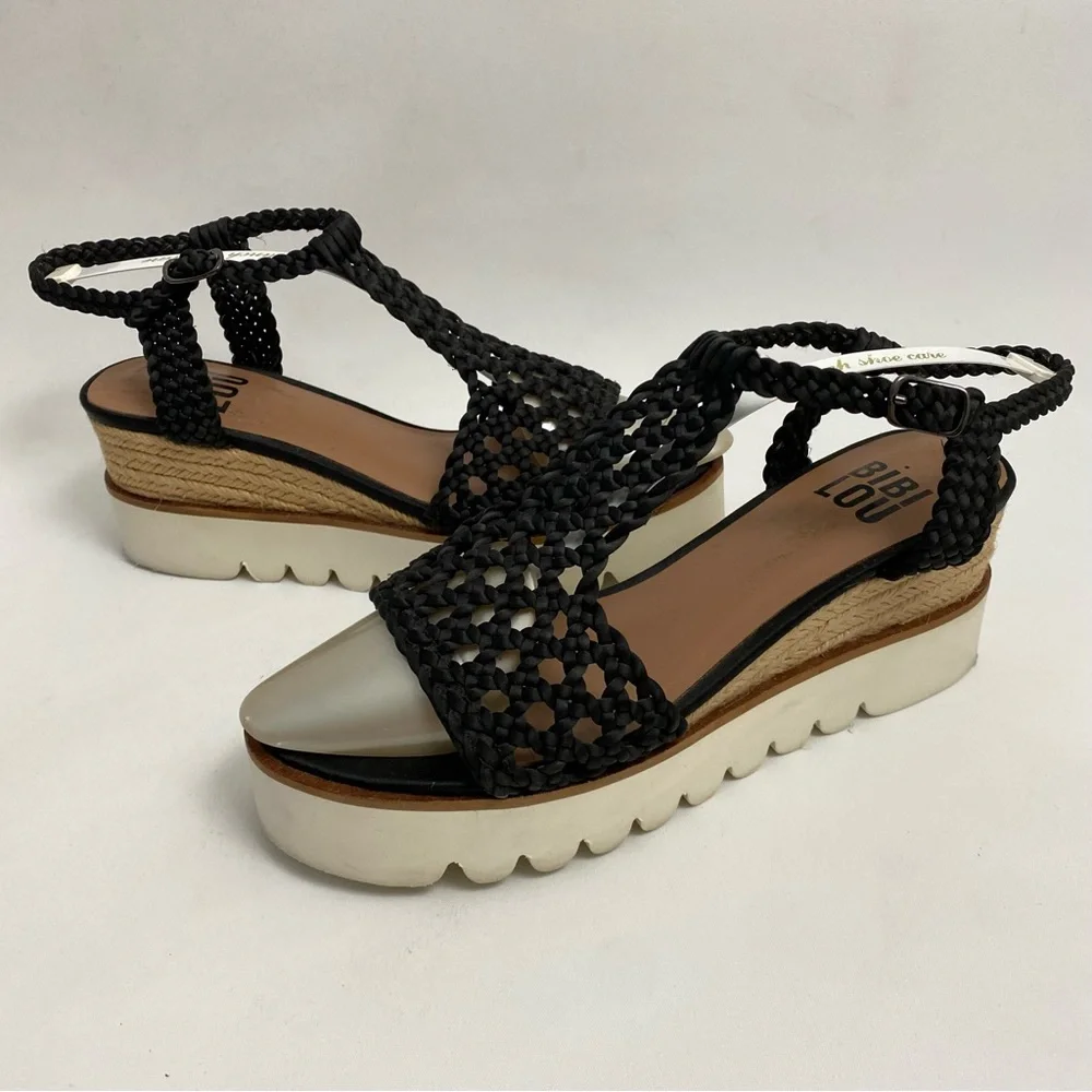 BIBI LOU Platform Sandals 7 - 7.5 / 38 Black Woven Ankle Strap Open Toe Wedge - Picture 7 of 16